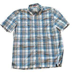L.L.Bean Short-Sleeve Plaid Button-Down Shirt – Size L – Blue Tan White